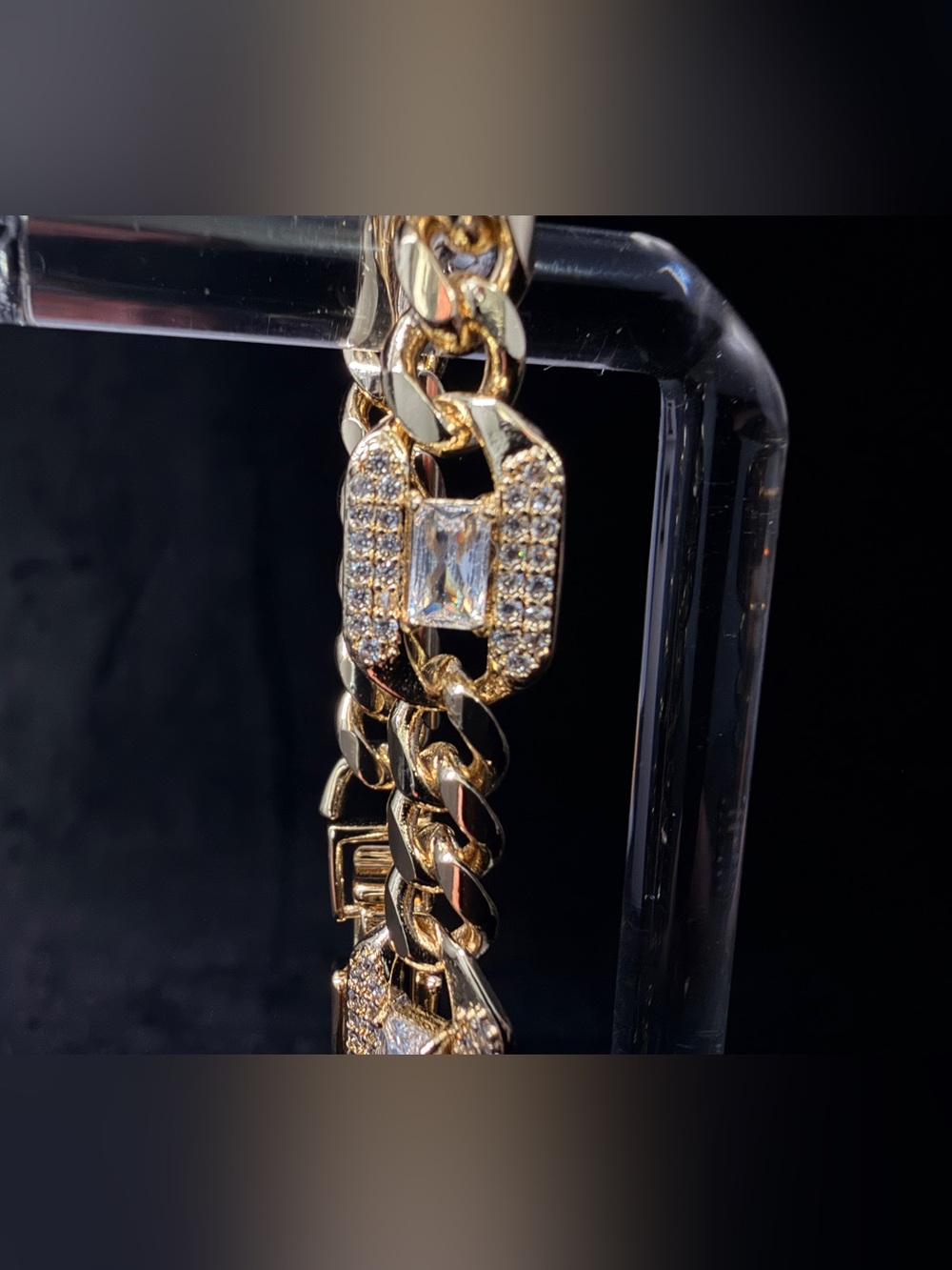 Cuban Link Bracelet Pavé CZ Stones Rectangle Stations Gold Finish 6.5-7.5 in.